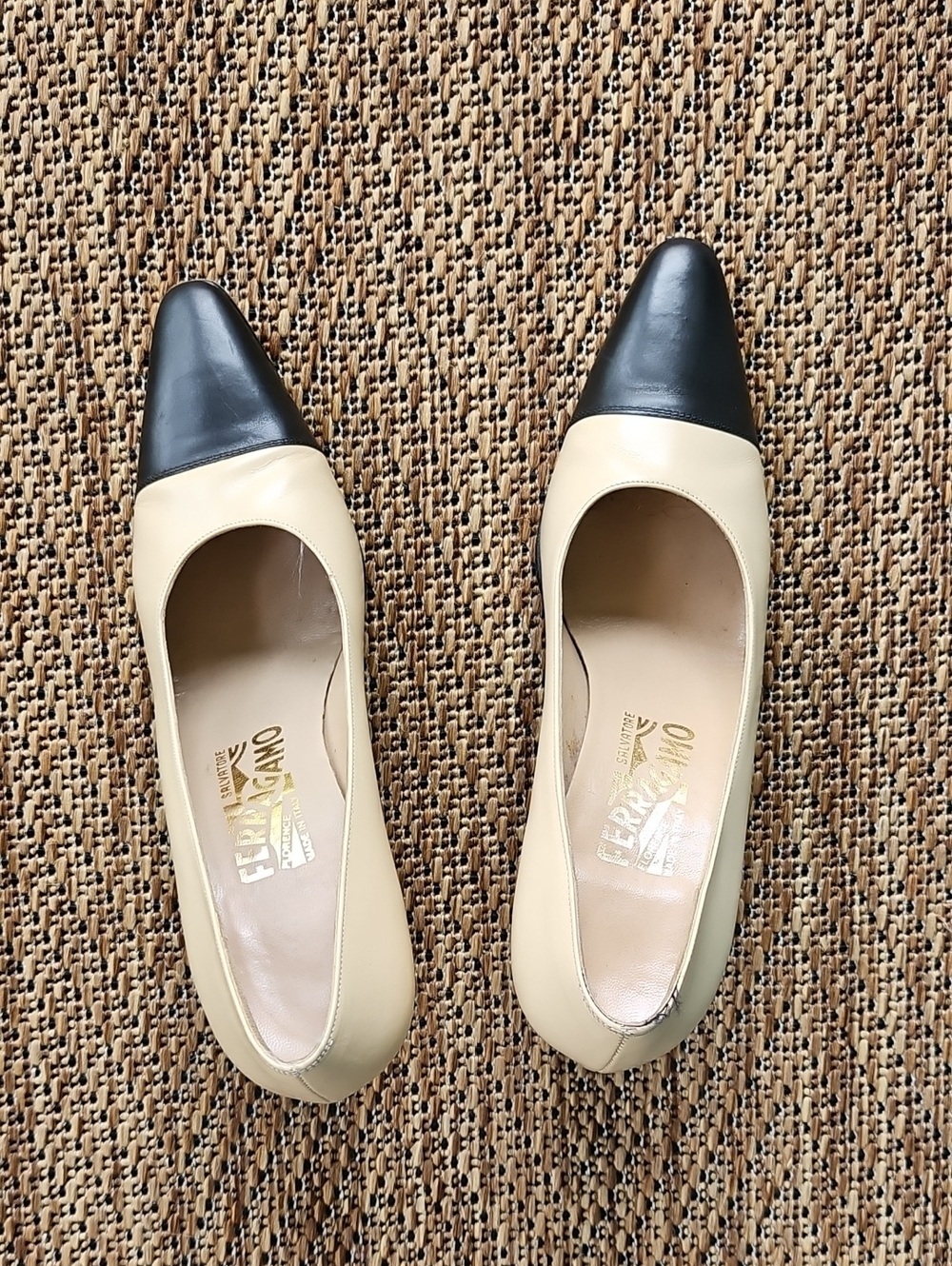 Vintage Salvatore Ferragamo Two-Tone Black and Beige Leather Pumps